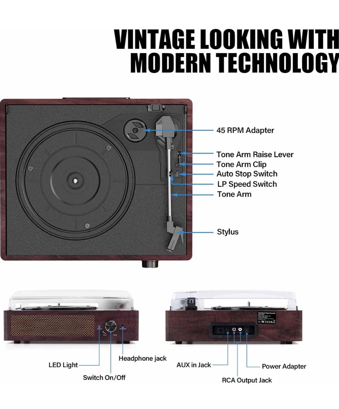 Bluetooth Vinyl Record Player,3-Speed Turntable with Stereo Speakers Vintage Phonograph Record Player, with RCA Line Out AUX in Headphone Jack (Brown)