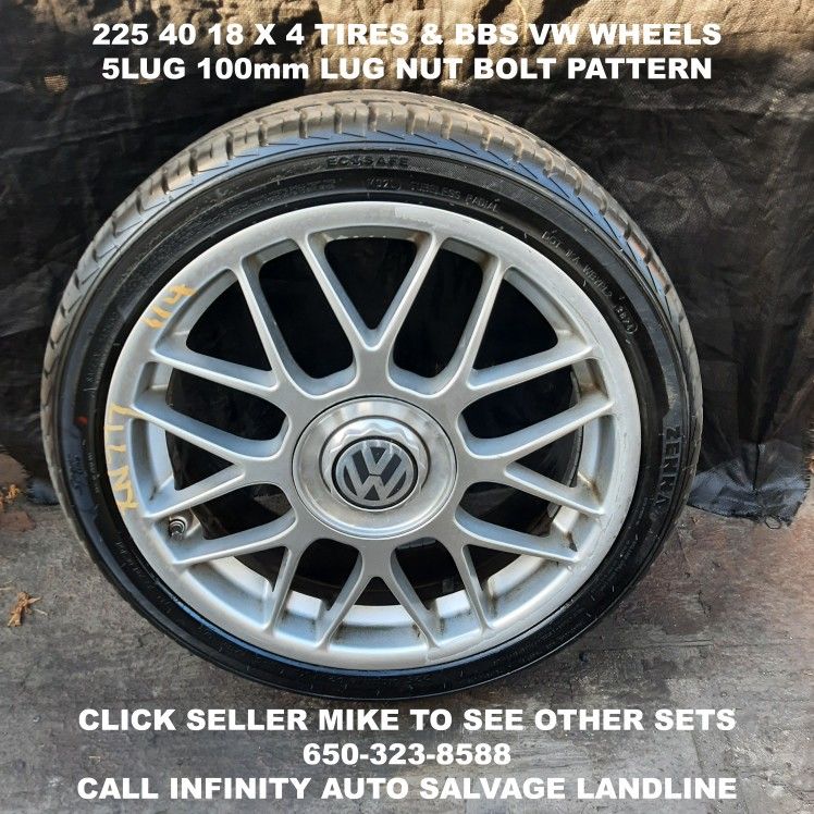 225 40 18 X 4 Tires & VW BBS Style Wheels With 5lug 100mm Lug Nut Bolt Pattern.