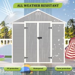 Campcraft 8*8ft resin storage shed, high quality pp material, strong structure, waterproof, rust and UV proof, large storage space, 12mm thick pp boar