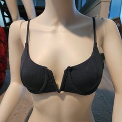 Small Bikini Top Blue Ribbed Material With V Cut Out Fron Design