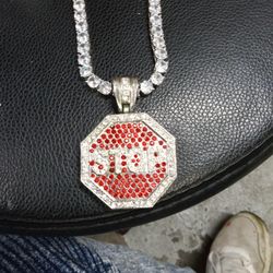 Brass Chain With CZ Diamonds And Stop Sign Charm