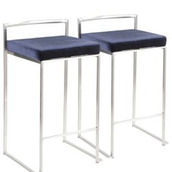 New, Fuji 30 in. Stainless Steel Bar Stool with Blue Velvet Cushion (Set of 2)