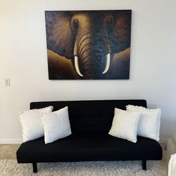 Fabric Futon Sofa Bed & Large Elephant Art 