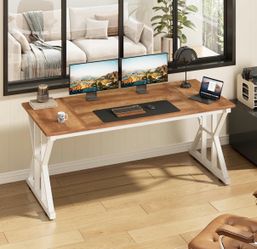 55" Large Computer Desk with Thickened Frame ,Larger Gaming Desk with X-Shaped ReInchforcement, Brown