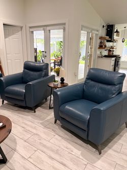 Blue leather sofa and recliner