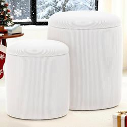 NEW-YSICK Round Ottoman with Storage, Set of 2, Small Vanity Stool as Vanity Chair, Corduroy Ottoman Foot Rest for Small Space, Living Room, Bedroom, 