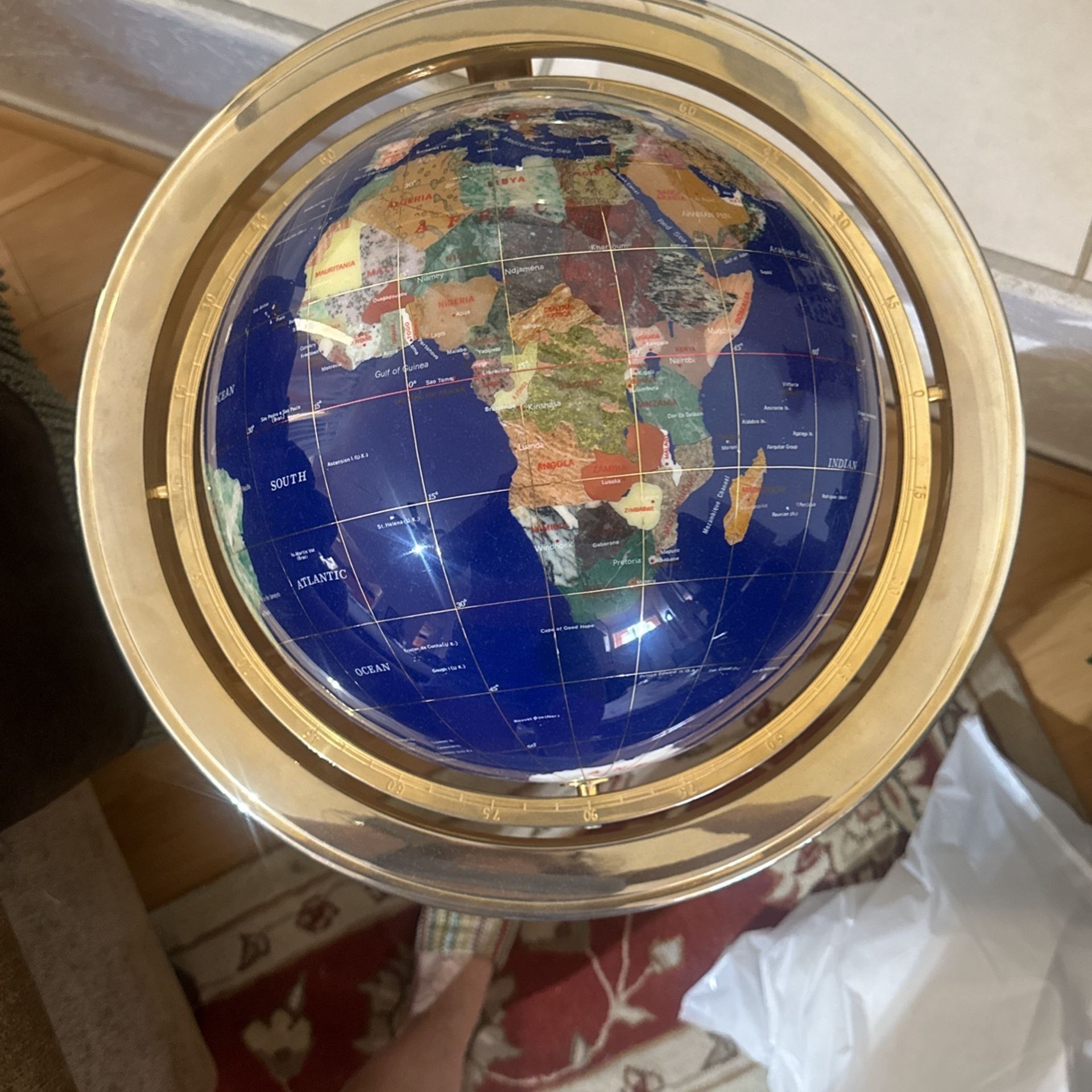 Stunning  World 🌎 Globe 37"x19”  Blue Gems Lapis Jade Coral Turquoise World Globe On Brass Stand —Beautiful Globe