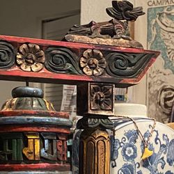 From Tibet a prayer will all carved wood painted and beautiful colors. Brand new.