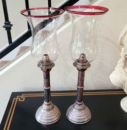 Antique 1888 Imperial Russian Brass Candlesticks Pair Bohemian Glass Shades 19"