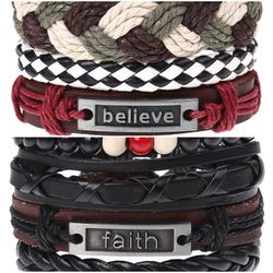 2 x Set Adjust. Size up to 9.5inc Leather Bracelet, (Believe_1-Faith)