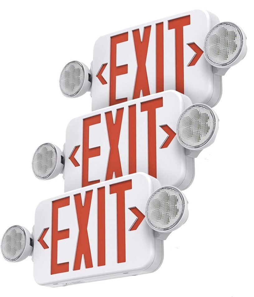 NEW! Pack of 3! Red Led Exit Sign Light Combo Adjustable Two Head, Double Sided & Battery Backup
