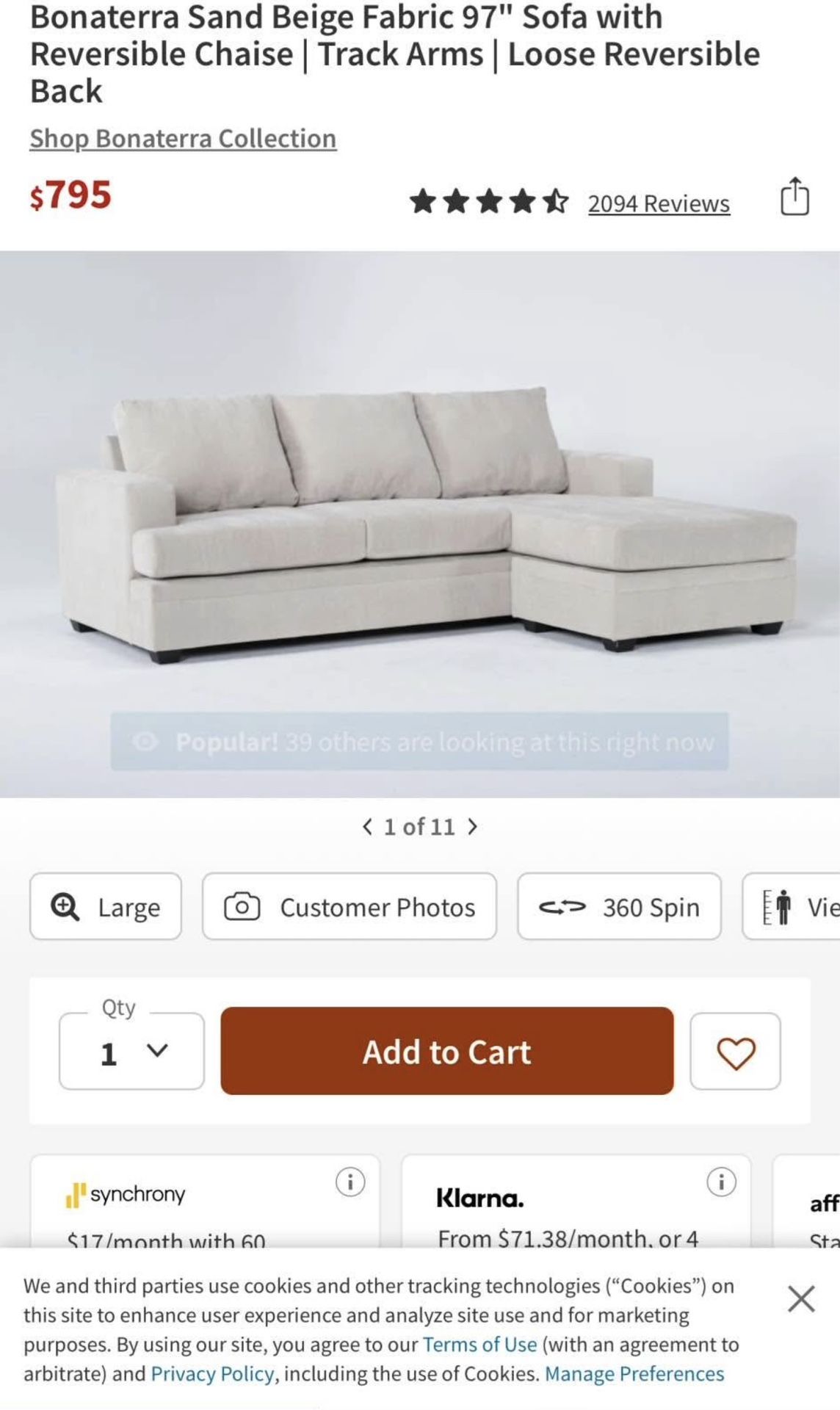 Living Spaces Sofa With Reversible chaise
