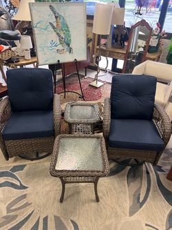 Wicker Patio Swivel Chair Set with Side Tables