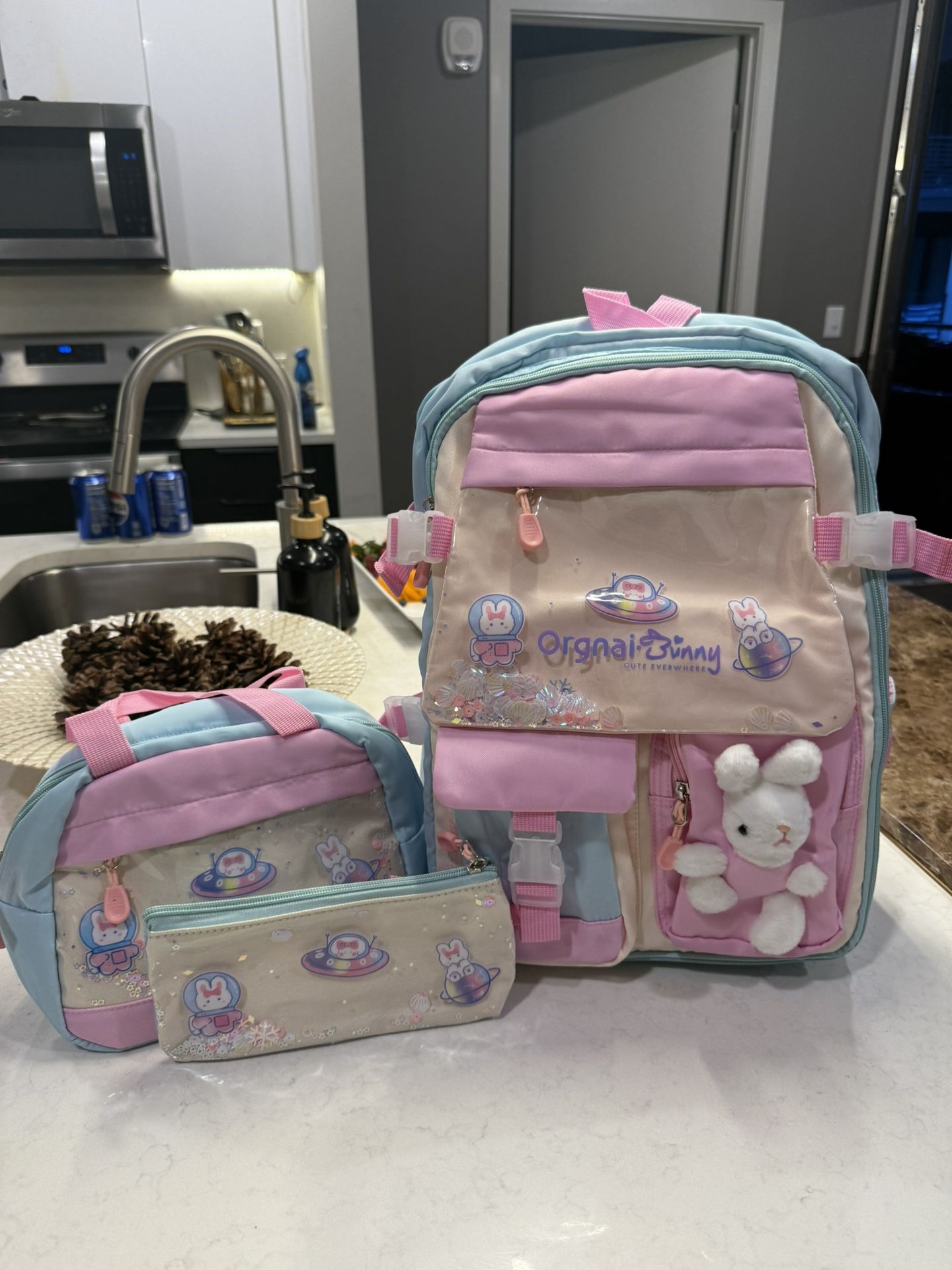 3-Piece Pastel Bunny Backpack Set w/ Thermal Lunchbox & Pencil Case - Kawaii School Bag