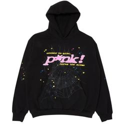 This is a black Sp5der hoodie with a bold streetwear design.