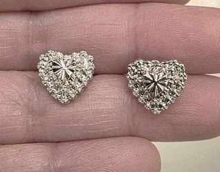 Silver-Tone Heart Stud Earrings - Textured Floral Center
