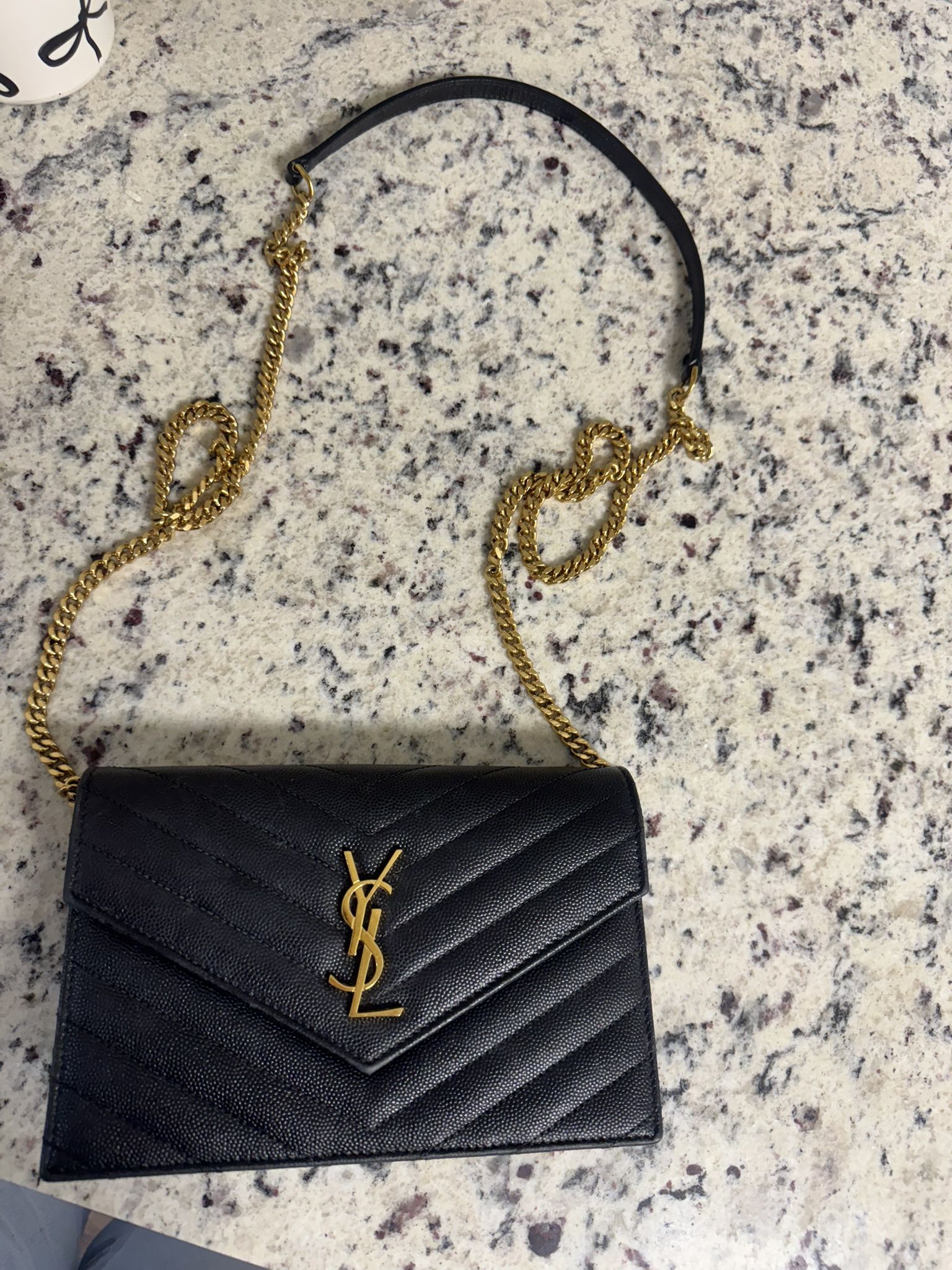 Authentic Saint Laurent Kate Monogram Black Leather Crossbody with Gold Chain