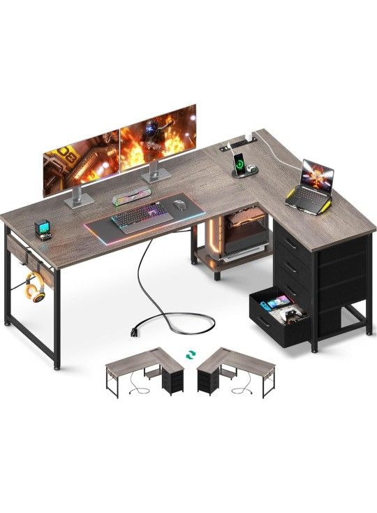 AODK L Shaped Desk with 4 Tier Drawers, 53" Reversible Gaming Desk with Power Outlets, L Shaped Computer Desk with USB Charging Port and Host Stand, H