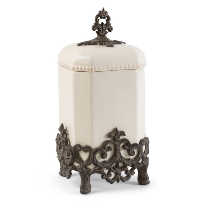 Cream Stoneware 15” Canister With Metal Provincial Acanthus Leaf Base.
