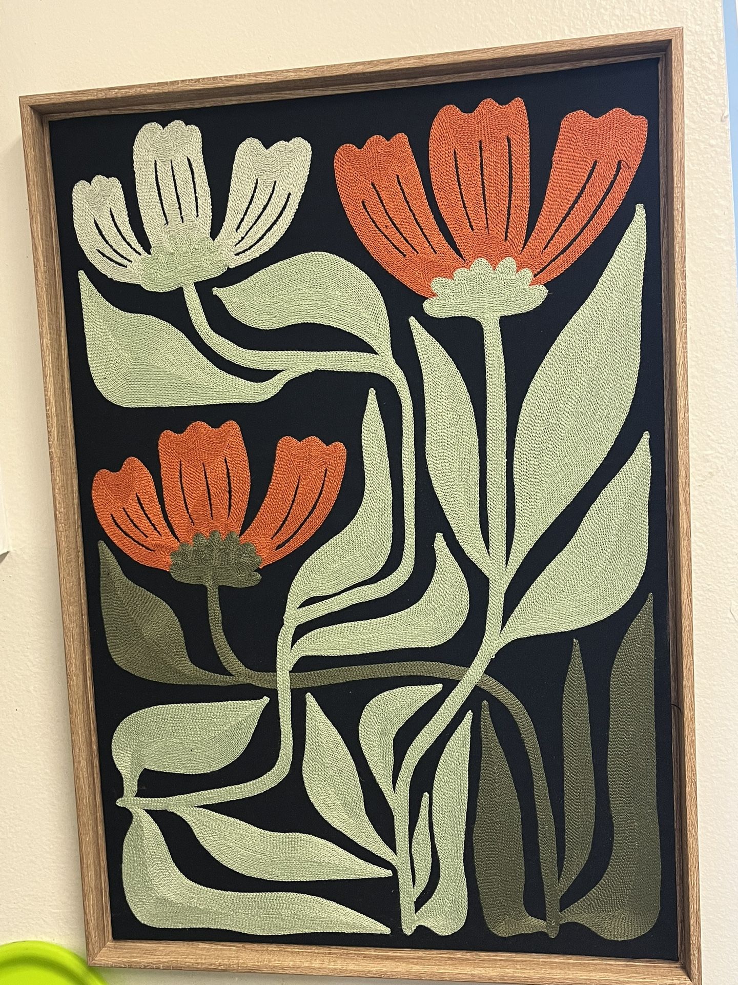 Modern Floral Textile Wall Art – Embroidered Flowers on Black Fabric, Framed