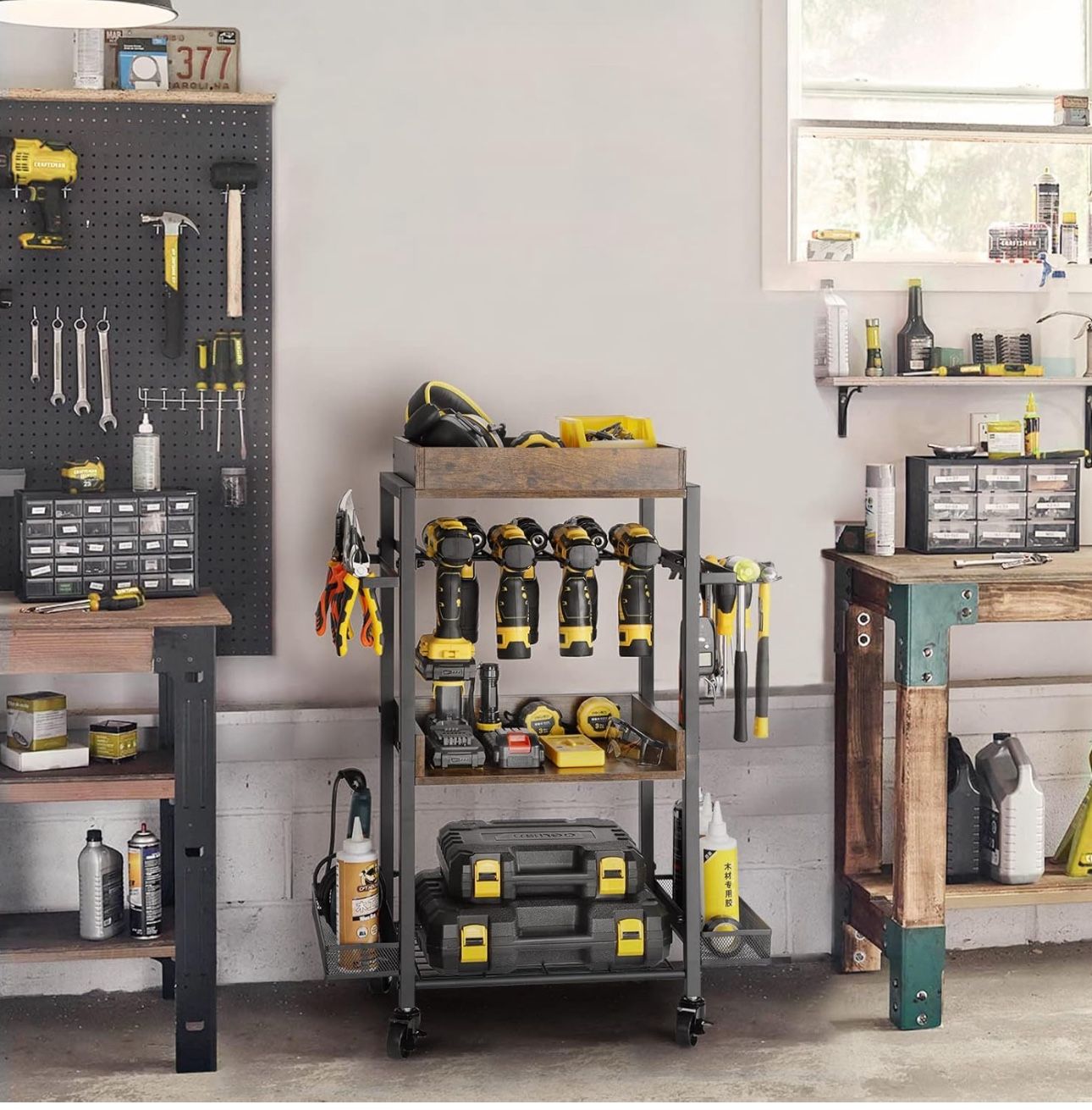 Metal Power Tool Drill Organizer Storage Shelves Cart Holder Rack with Lockable Wheels Size Length 17", Width 12", Height 34" New Condition Assembl