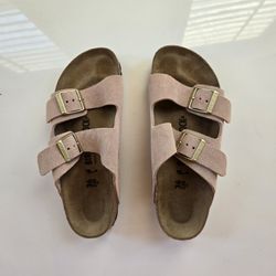 Birkenstock Suede Arizona Soft Footbed Sandal In Light Rose 