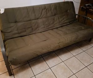 Full Size Metal Futon Hinge Sofa Bed Sleeper & Cushion – Gray/Olive