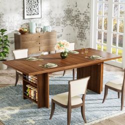 63" Farmhouse Dining Table Wooden Kitchen Table with Shelves for 6 to 8