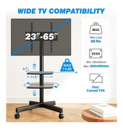 Mobile TV Stand with wheels for 23-65 Inch LCD LED Flat/Curved Panel Screen Smart TVs up to 88 lbs, Rolling TV Stand with Adjustable Shelf & Tilt, Por