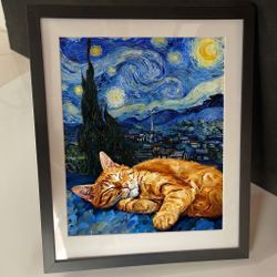 Van Gogh Starry Night Cat Print – 8x10 Framed Orange Tabby Ginger Cat Art