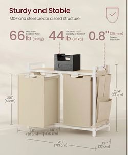 VASAGLE 2 x 12.1 Gallons (46 L) Laundry Hamper w/ 2 Pull-Out Bags- Cappuccino Beige / Natural Beige