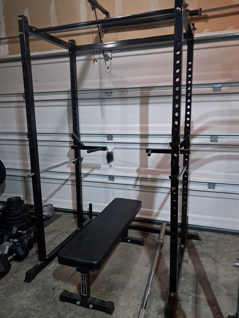 Full Squat Rack With Pull-down, J_Hooks, Safety Bars, Dip Attachments And REP flat Bench