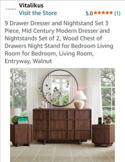 9 Drawer Dresser and Nightstand Set 3 Piece, Mid Century Modern Dresser and Nightstands Set of 2