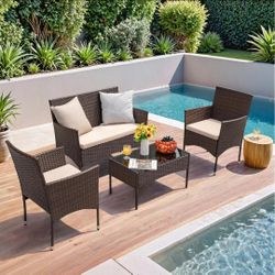 4 Pieces Outdoor Patio Furniture Set, Rattan Chairs, Brown & Beige
Outdoor Furniture, Wicker Patio Set, Balcony and Porch Furniture, Outdoor Dining Se