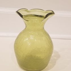 Green Crackle Glass Bud Vase With Ruffled Rim 5” Tall Vintage Flower Jar Antique