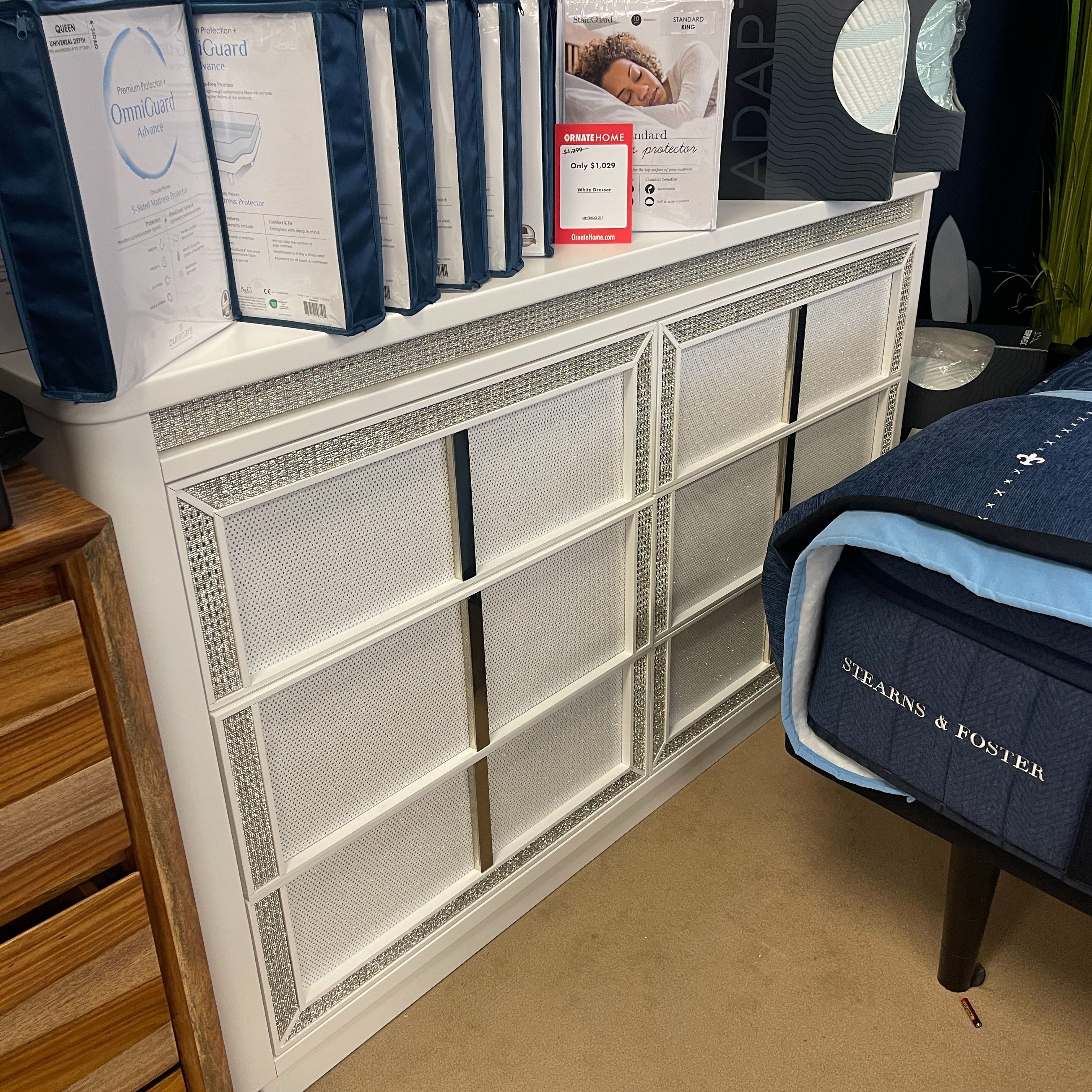 White Dresser built-in LED lighting and rhinestone-framed drawers