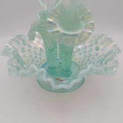 Exquisite Vintage Fenton 3-Horn Teal Opalescent Hobnail Carnival Glass Epergne 