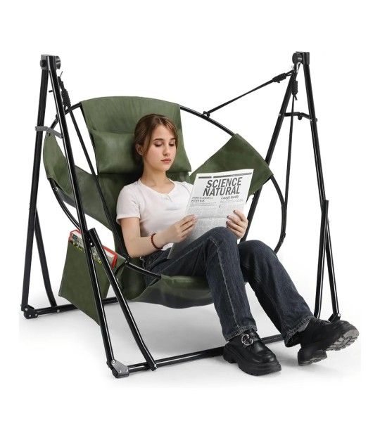 Hammock with Steel Stand,Foldable PU Leather Swing Chair,6-Level Standing Hammocks Included Carrying Bag,Side Pocket,Pillow,for Outside,Indoor,Yard,Ga