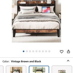 Queen Bed Frame, Storage Headboard with Charging Station, Solid and Stable, Noise Free, No Box Spring Needed, Easy Assembly