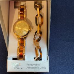 Goldtone Watch Set With Matching Bracelet…band Is Gold And Leopard Print..removable Links,by TIME AND TRU
