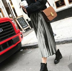 Grey Velvet Pleated Maxi women's Skirt One size gift