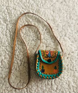 Small Adorable girls Leather Tooled  Butterfly/Floral Handmade Purse.  5” x 5”