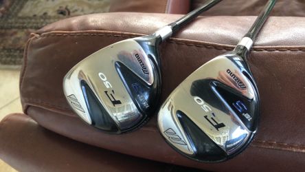 Mizuno F50 3,5 wood’s Mizuno EXSAR FS2 graphite stiff shafts RH excellent condition Headcovers $35 each $60 for both