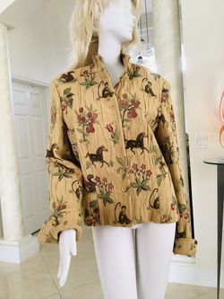 IRIS SINGER Machine Embroidered Multi PRINT Jacket Women’s Size 12 - Medium,Large, HORSES, Monkeys Plus More