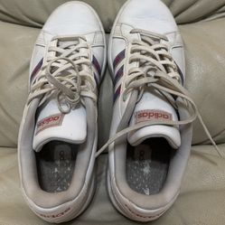 White Adidas Shoes With Flowers 