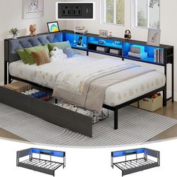 Corner Bed Frame Twin Size with Storage Bookcase and Headboard, Platform Corner Bed with LED Lights and Charging Station, Twin Size Daybed with Storag