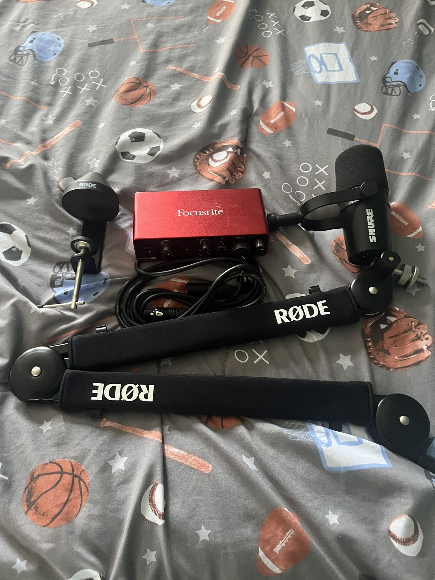 Shure Mic And Rode Stand And Focusrite Audio Mixer