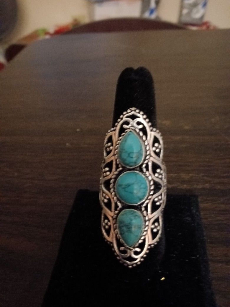 Three Stone Sterling Silver Setting Turquoise Ring