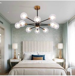 Modern Metal 8-lights Sputnik Chandelier Delicate Round Glass Shade During Light Irregular Ceiling Light For Kitchen Island Dining Room Sink Bar-Black
