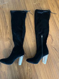 Zara Black Velvet Over-the-Knee Boots with Clear Block Heel, 4” high heel